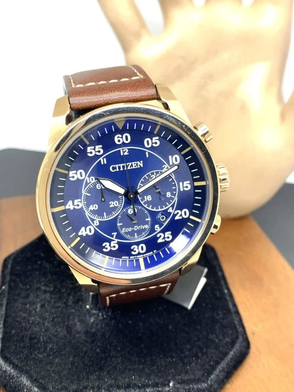 Citizen Men's Watch CA4213-18l Eco Drive Blue Dial Rose Gold Brown Leather Band